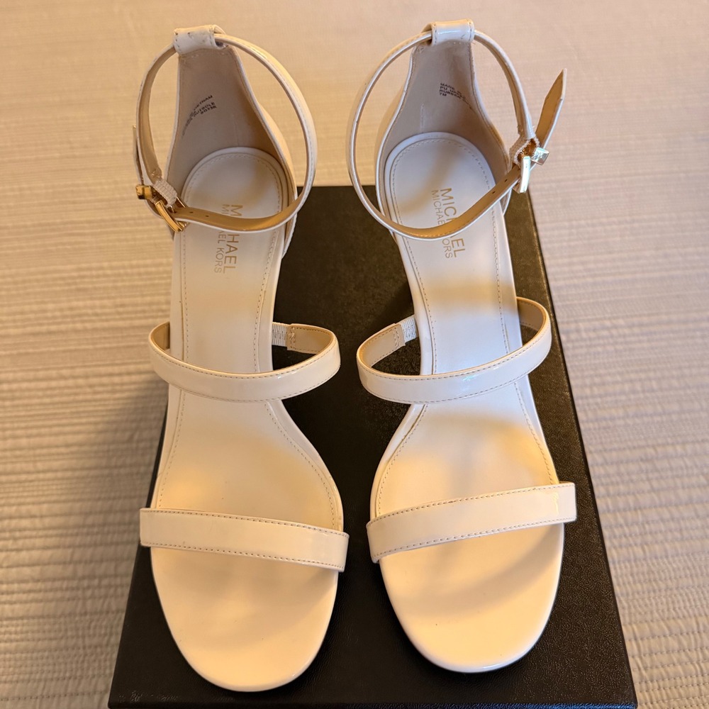 NEW Michael Kors Women's White Patent Triple Strap Ankle Buckle Heels Size 7M
